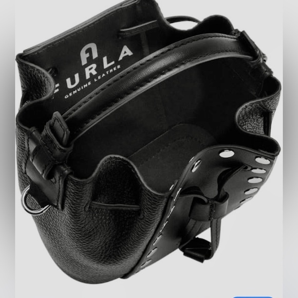 Furla BNWT Authentic Miastella Nero Mini Studded Bucket Bag Drawstring Closure - Picture 3 of 11